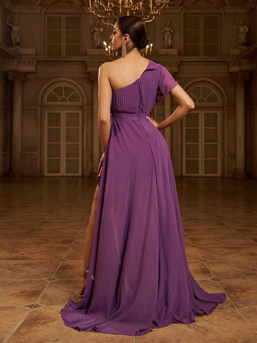 Elegant A-Line One Shoulder Ruffles Sleeve Zipper Up Sweep/Brush Train Prom Dress